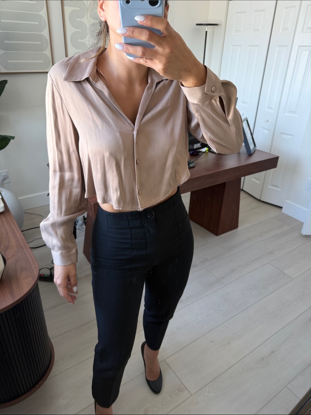 Zara Cropped Button-Front Shirt — Beige Taupe